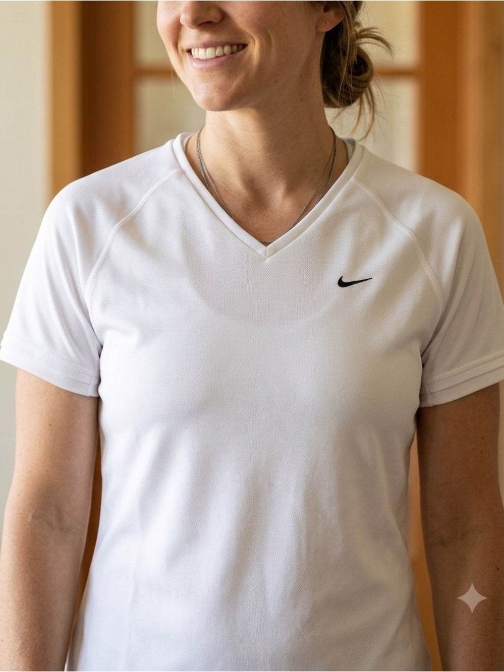 Nike White V-Neck Athletic Tee with Black Swoosh